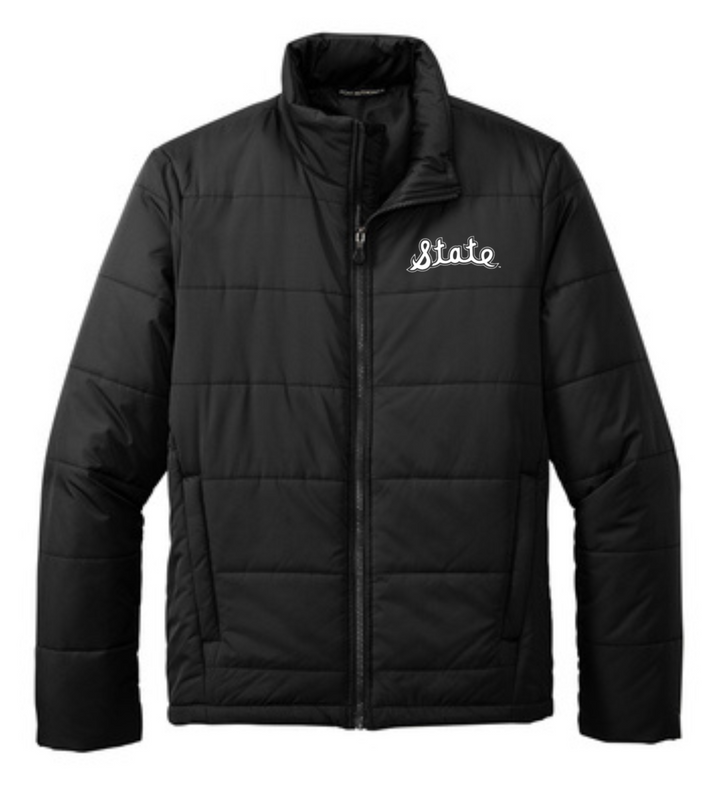 Michigan State Puffer Jacket with State Script Embroidered Logo on left chest on male model