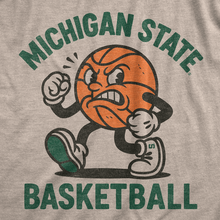 Close up of cream colored Michigan State shirt with vintage Mr. Basketball character print. 