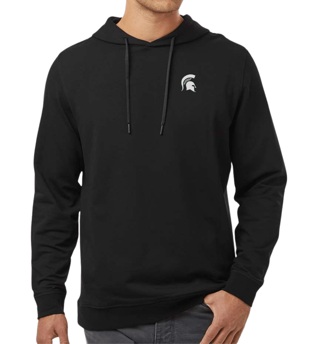 Michigan_State_Spartan_Helmet_Black_Perform_Hoodie_on_Male_model on white background