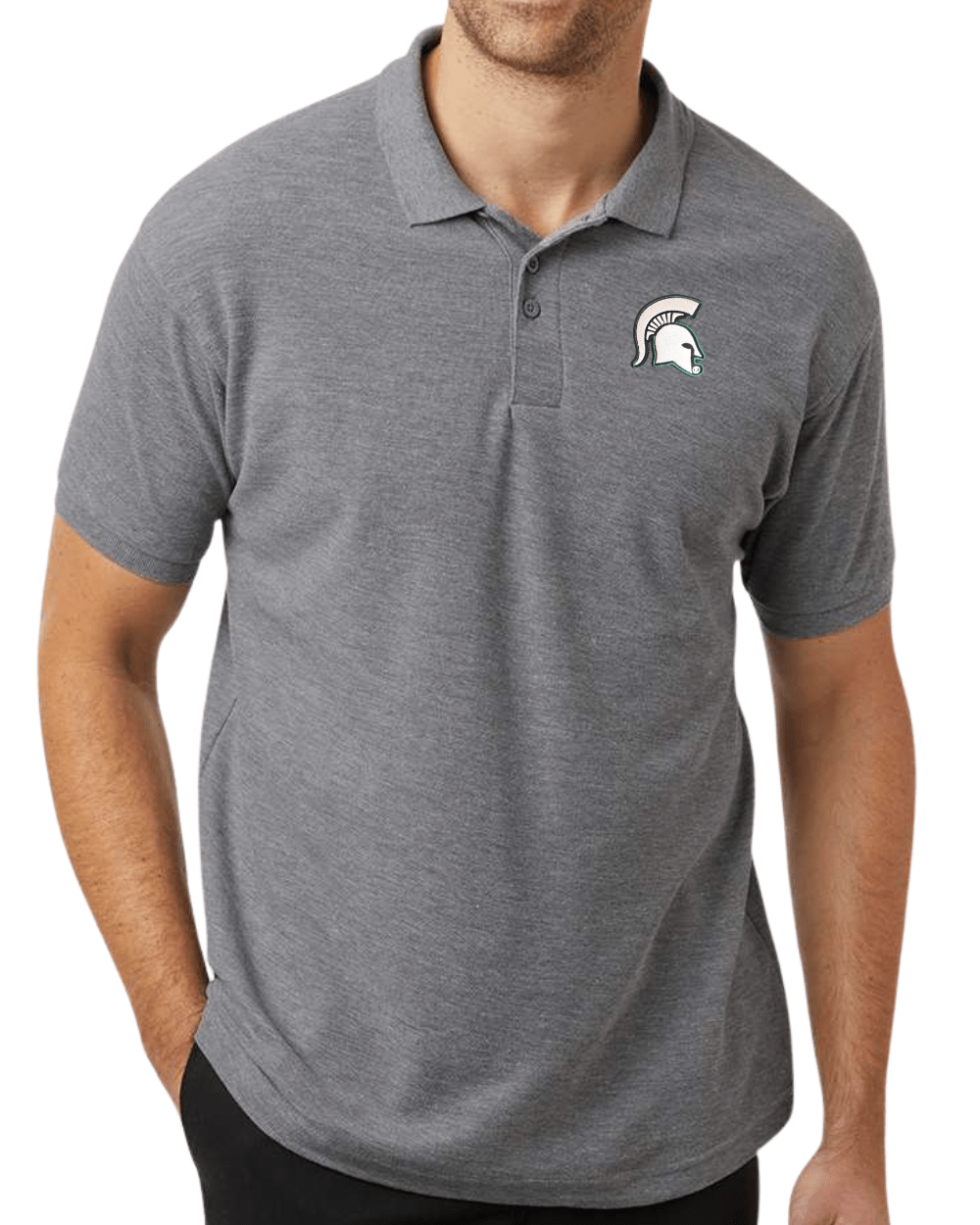 Grey Michigan State Polo with green and white Spartan Helmet logo on the left chest.