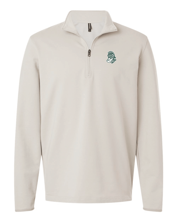 Beige fleece pullover with a logo on a white background