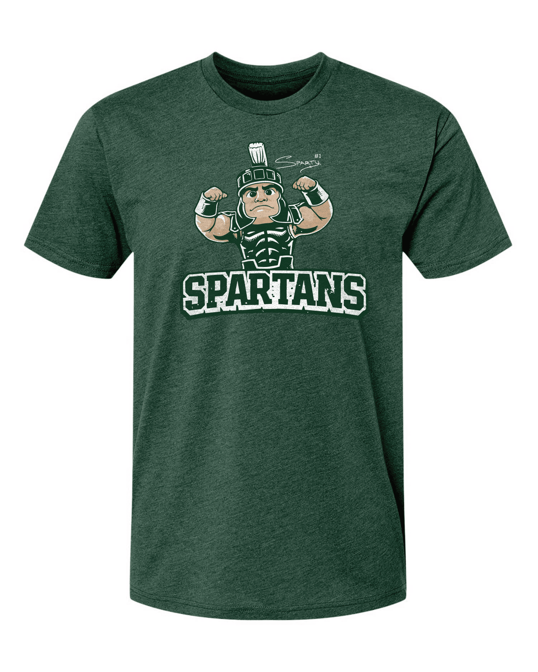 Green t-shirt with Sparty Mascot and 'SPARTANS' text on a white background