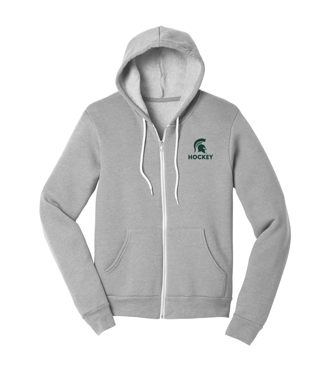 Grey Michigan State sweatshirt with full zipper and hood. Features a Spartan Helmet logo and "Hockey" embroidered in green thread on the left chest. 