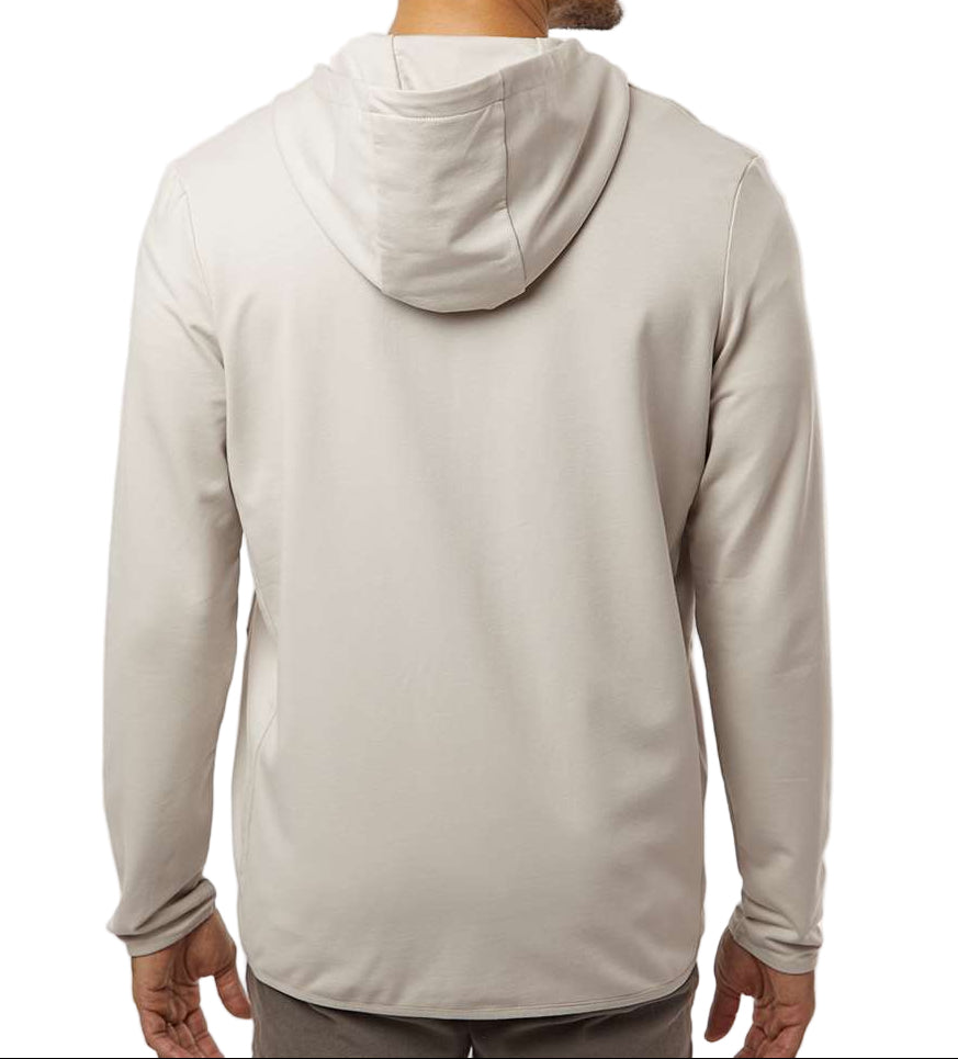 Model wearing a Michigan State University Full Zip Performance Hoodie in Bone White with a back view