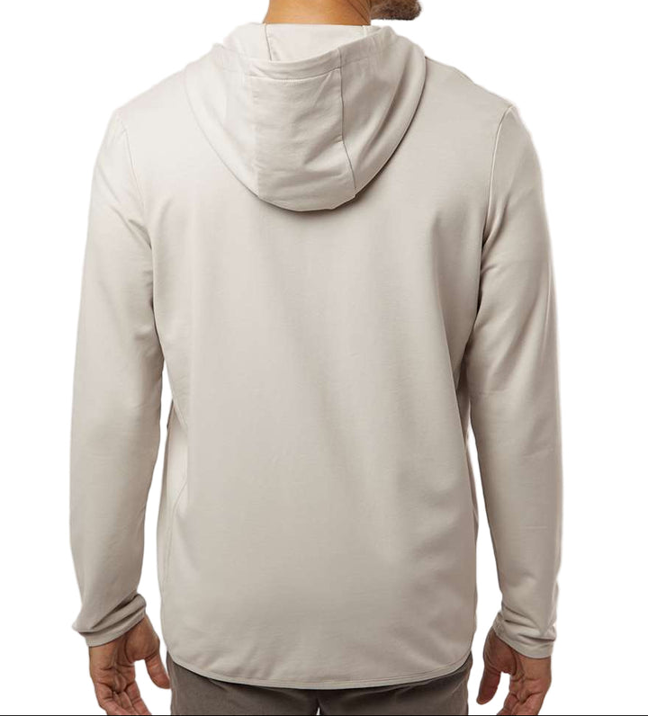 Model wearing a Michigan State University Full Zip Performance Hoodie in Bone White with a back view