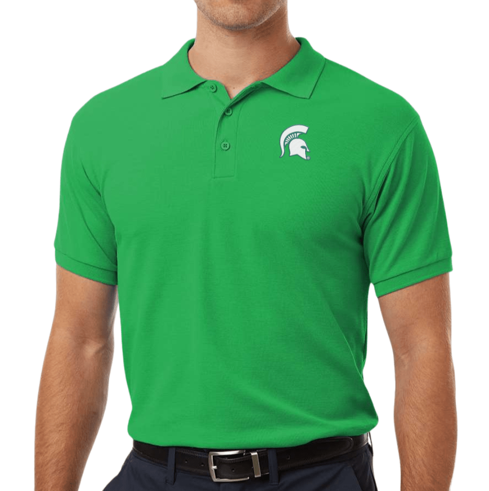 Kelly Green Michigan State MSU Spartans Golf Polo on Model with white background