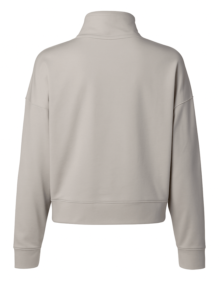 Back view of Michigan State University Women's Quarter-zip Pullover with Hospitality Business Logo on white background