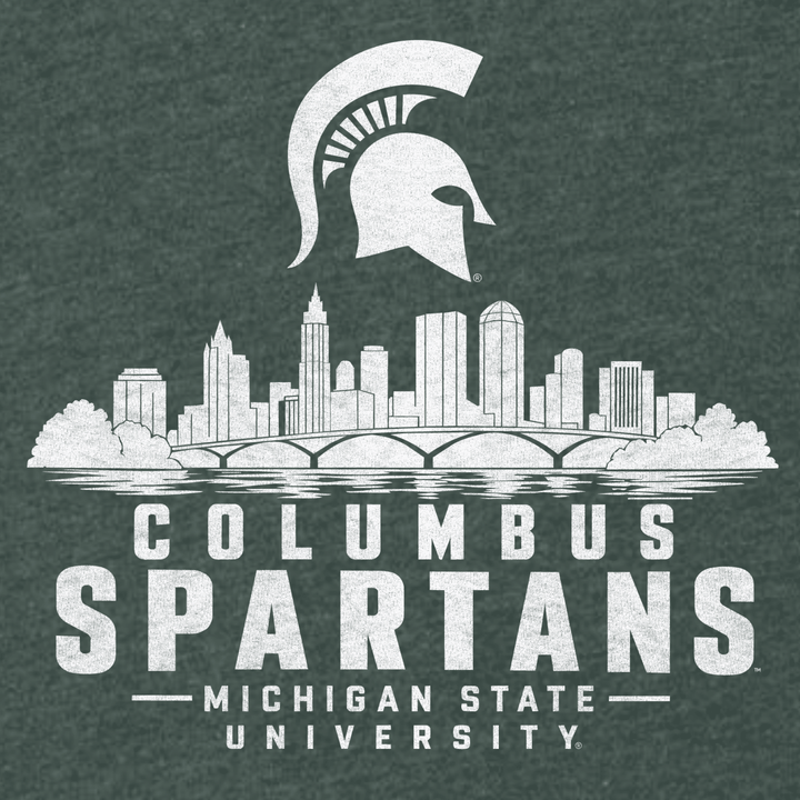 Up Close view of white colored Michigan State Columbus Spartans Landscape logo on green background