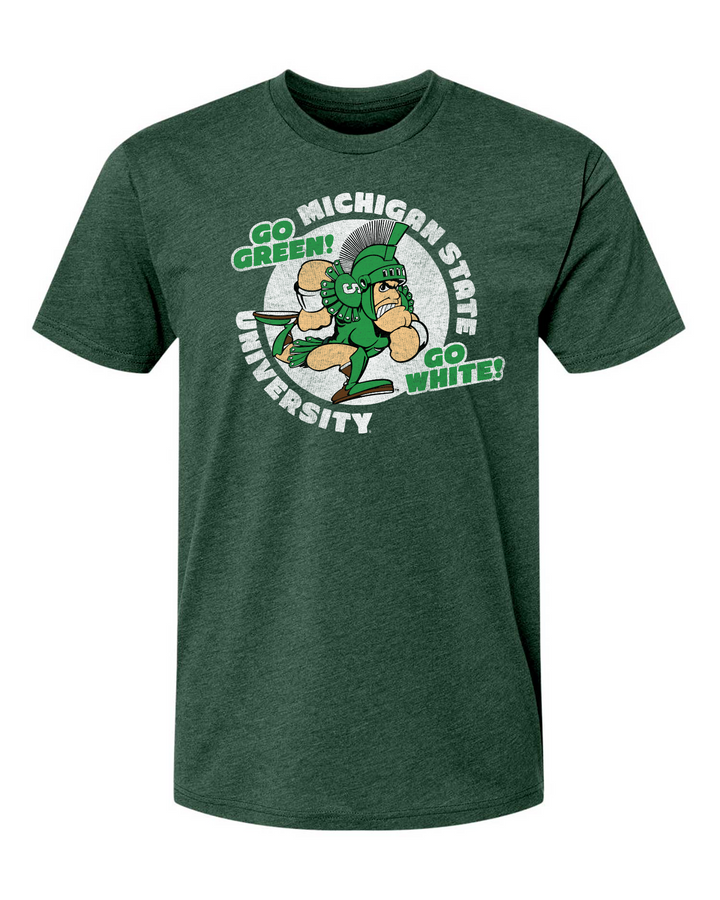 A dark green heathered short-sleeve t-shirt with a &