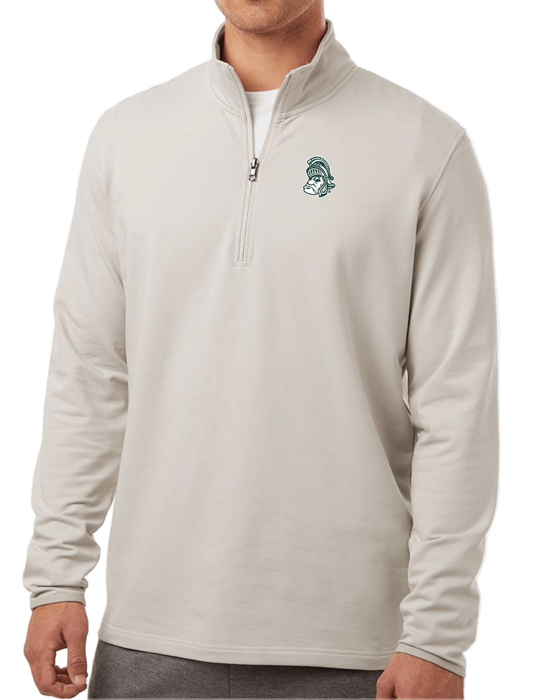 Michigan State White Quarter-zip Pullover with Gruff Sparty Logo on male model on white background