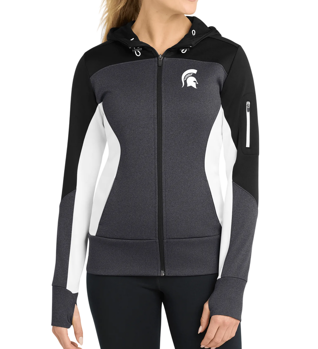 Women's Michigan State Grey Jacket with Spartan Helmet head logo on white background