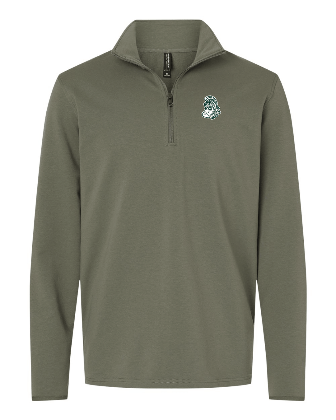 Pine Green Michigan State White Quarter-zip Pullover with Gruff Sparty Logo on White background