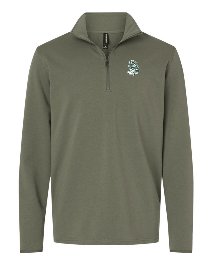 Pine Green Michigan State White Quarter-zip Pullover with Gruff Sparty Logo on White background