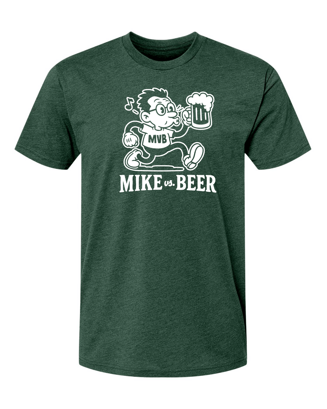 Mike vs Beer Green short sleeve shirt with Retro Cartoon Guy logo holding a beer and whistling with a white background