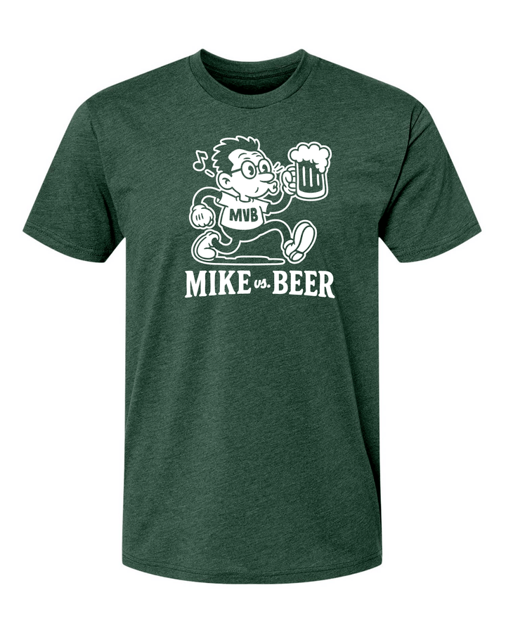 Mike vs Beer Green short sleeve shirt with Retro Cartoon Guy logo holding a beer and whistling with a white background