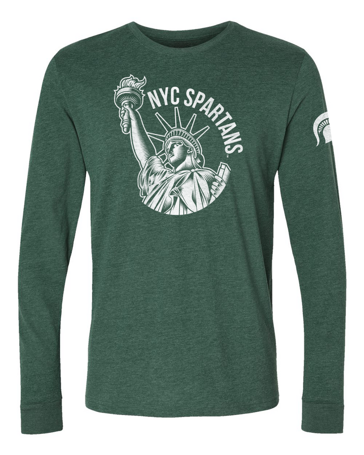 Green long-sleeve shirt with Statue of Liberty graphic and &