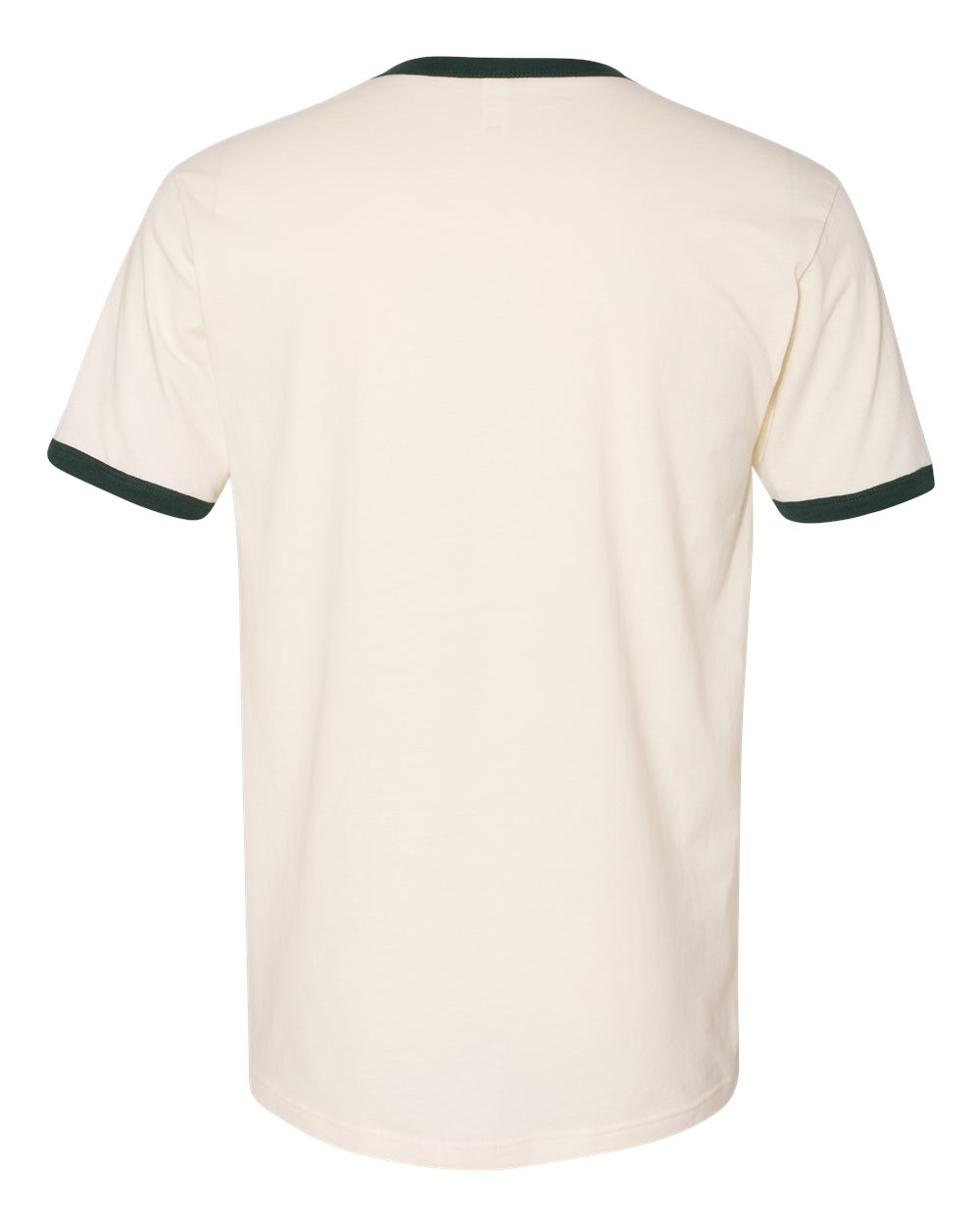 Back view of a ringer tee shirt in natural beige color and forest green trim around the sleeves and collar.