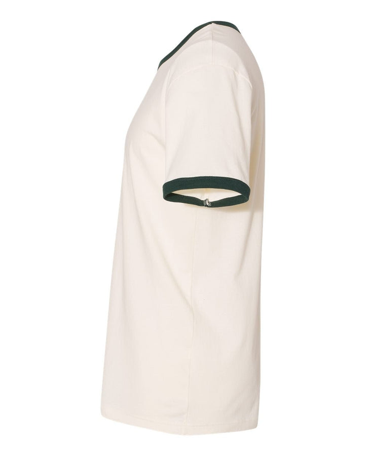 Side profile view of a natural color t-shirt and green trim around the collar and sleeves from Nudge Printing.
