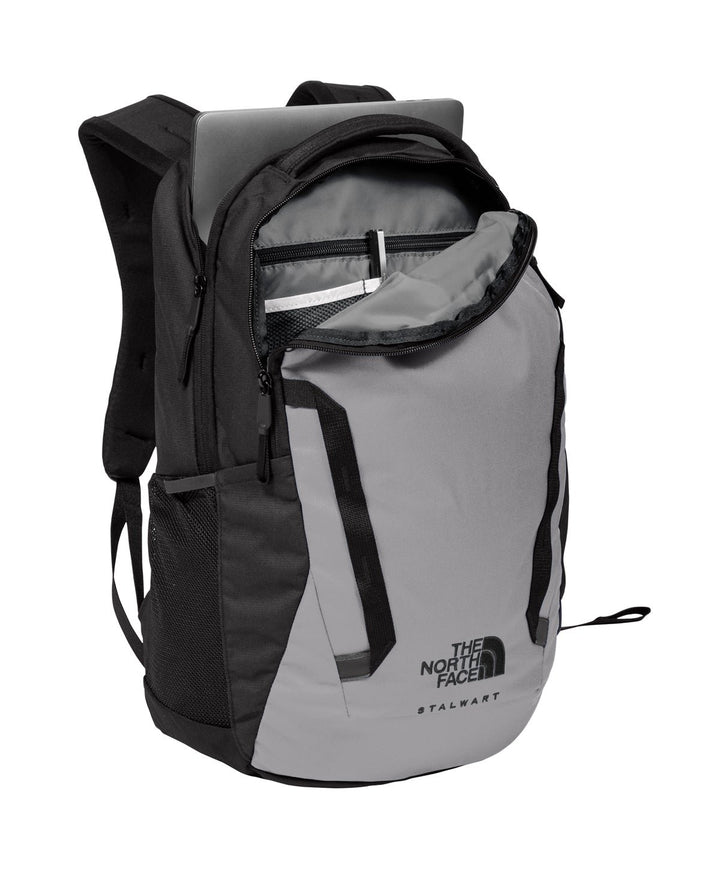Opened view of a grey North Face Stalwart backpack from Nudge Printing