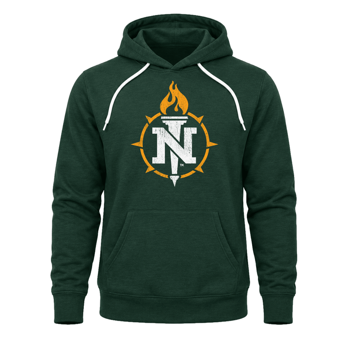 Green Northern Michigan University sweatshirt hoodie with torch logo on chest.