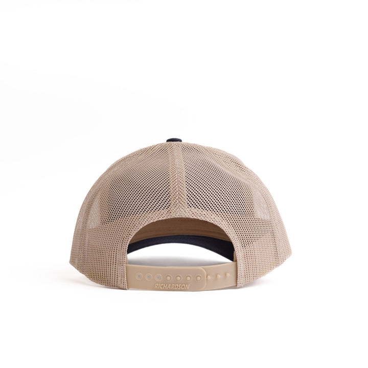 Back of Nudge Printing Navy Blue and Khaki Trucker Hat