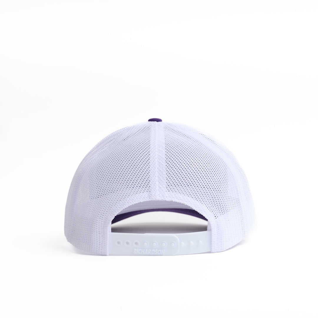 Nudge Printing Back of Purple and White Trucker Hat