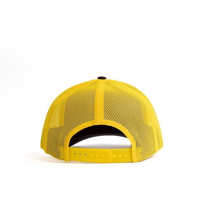 Back view of Nudge Printing Yellow and Black Trucker Hat