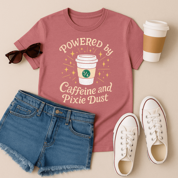 Flat lay outfit featuring a mauve pink t-shirt with the phrase “Powered by Caffeine and Pixie Dust,” illustrated with a whimsical to-go coffee cup, styled with denim shorts, white sneakers, sunglasses, and a coffee cup prop