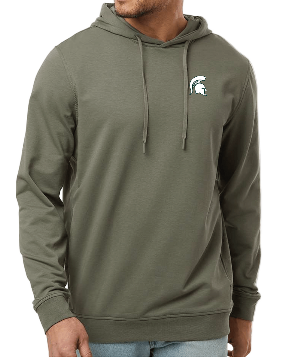 rm Hoodie with Spartan Helmet logo on male model on white background