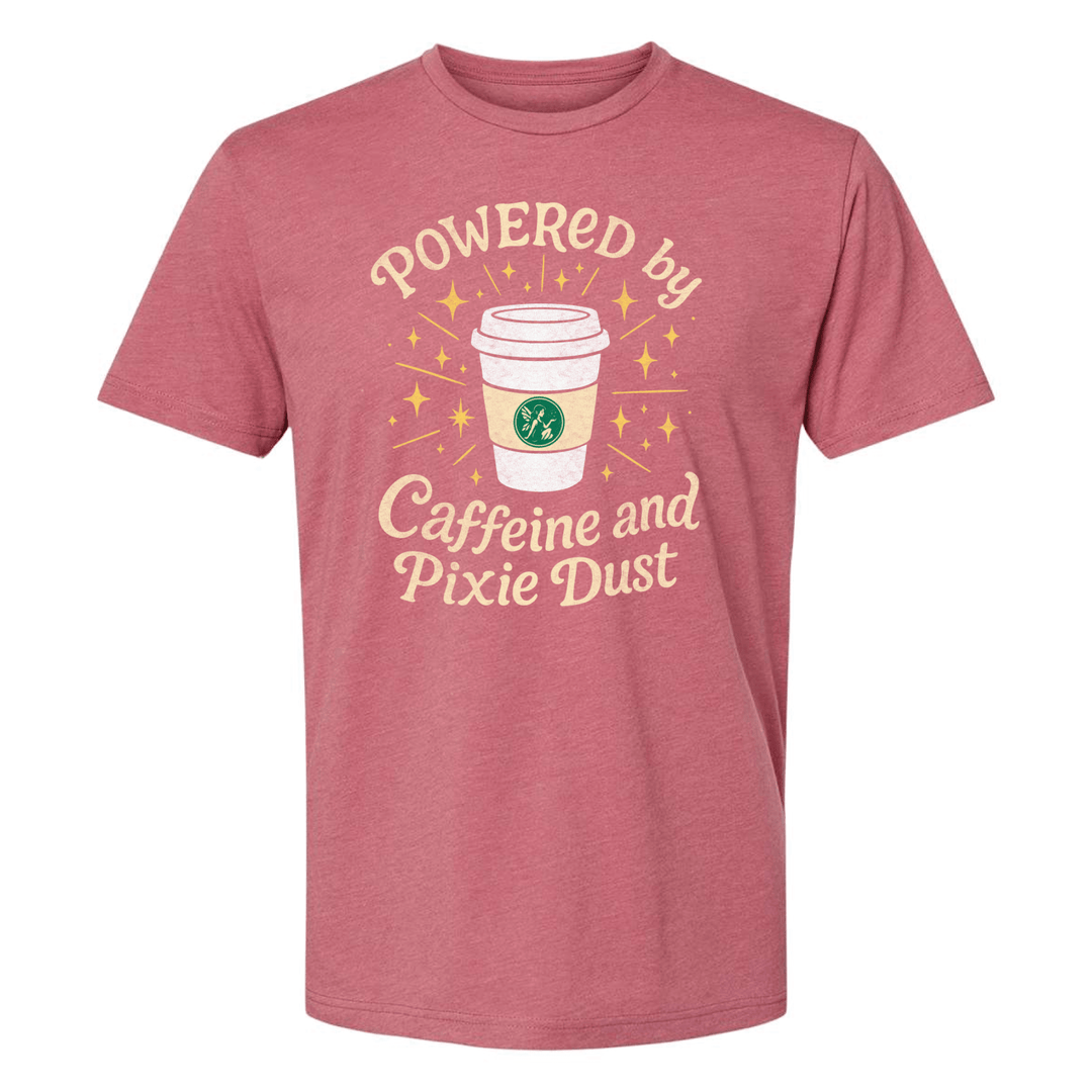 Mock up view of Arch and Castle Powered by Caffeine and Pixie Dust with to-go coffee cup in center of heather mauve shirt on white background
