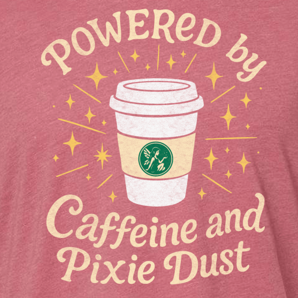 Close up view of Arch and Castle Powered by Caffeine and Pixie Dust heather mauve shirt