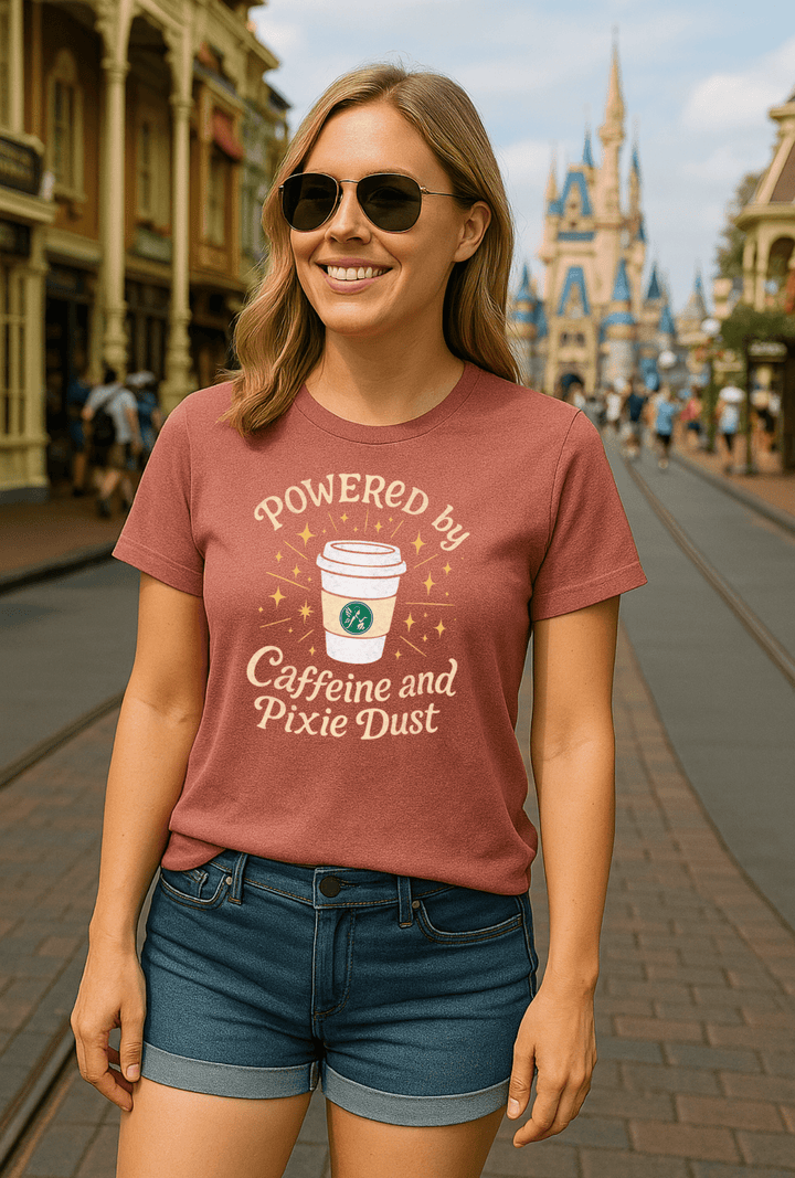Front view of Arch and Castle Powered by Caffeine and Pixie Dust heather mauve shirt on model standing on Mainstreet in Disney World