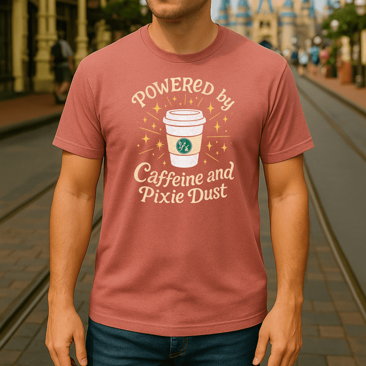 Man wearing a mauve pink t-shirt with the phrase “Powered by Caffeine and Pixie Dust,” featuring a magical coffee cup design, standing on Main Street in front of a Disney castle
