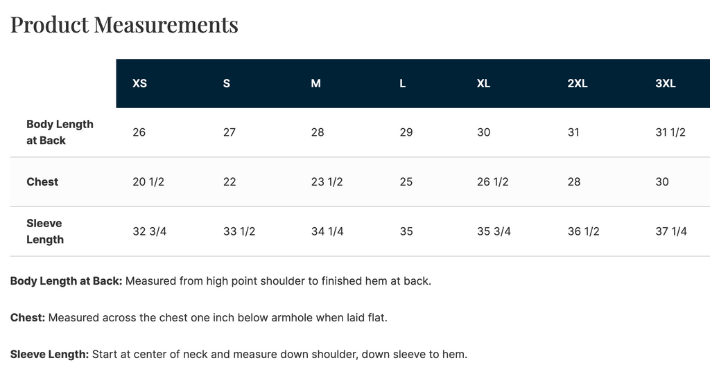 Nudge Printing quarter-zip product measurements.