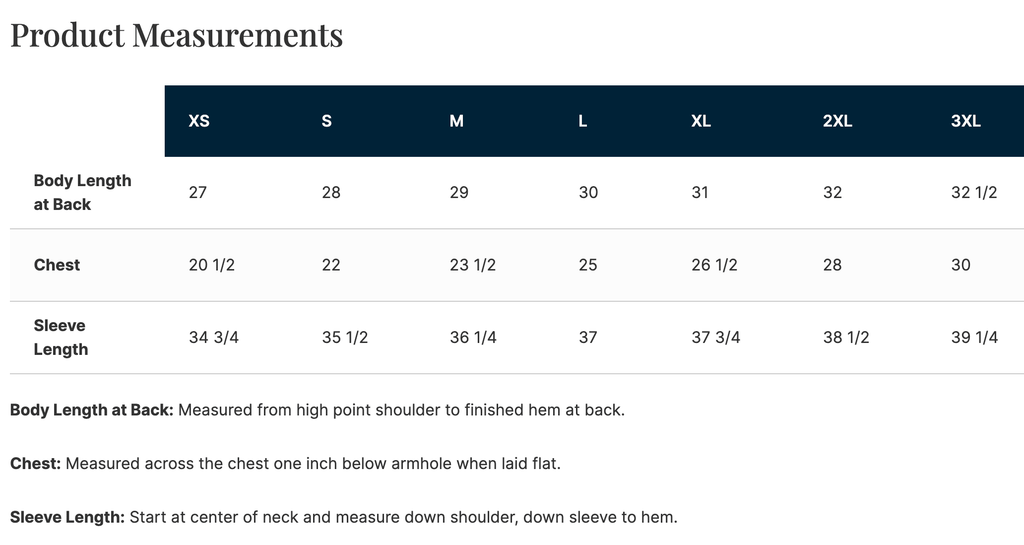 Nudge Printing quarter-zip size chart.