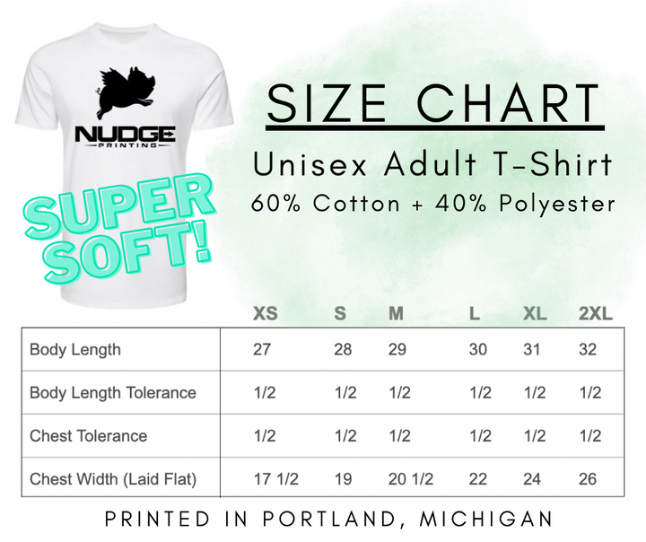 Nudge Printing T Shirt Size Chart