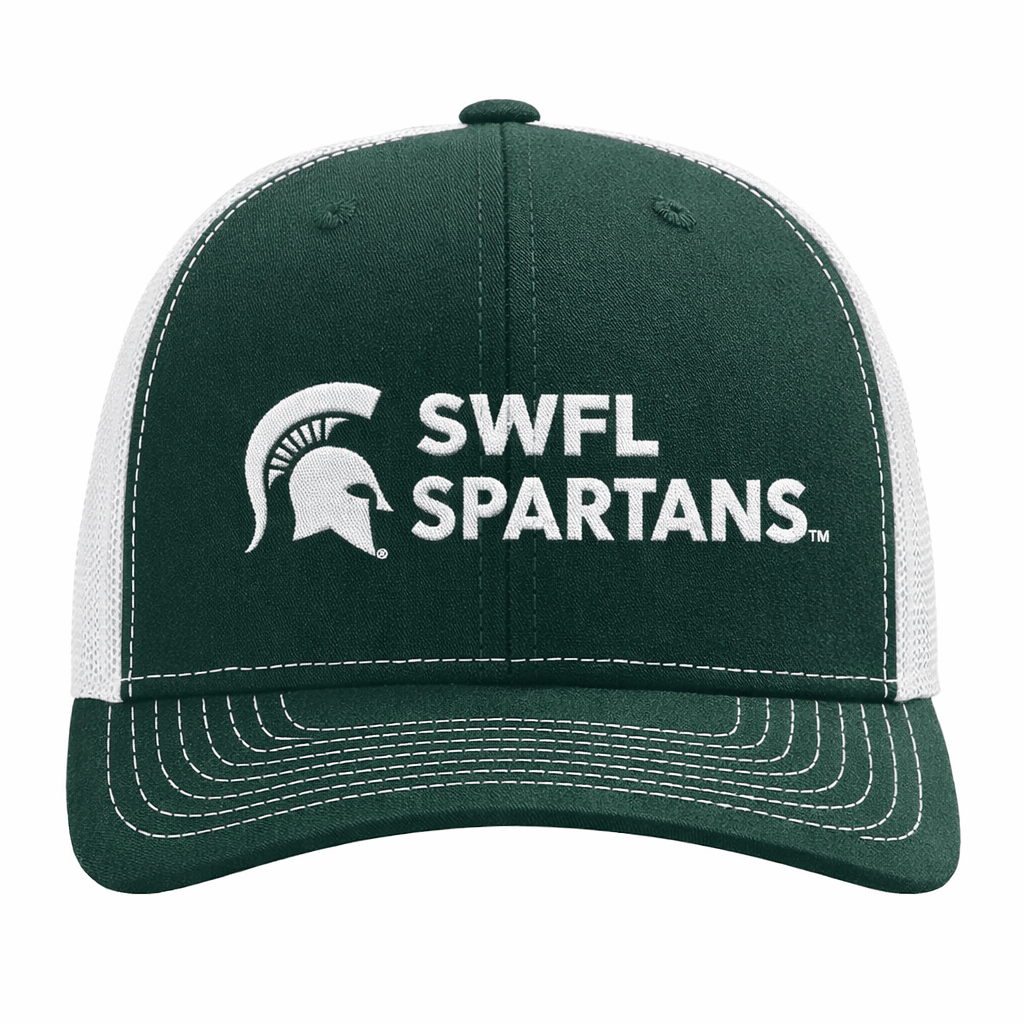 Mockup of Green and white mesh Southwest Florida Spartans alumni club hat on white background