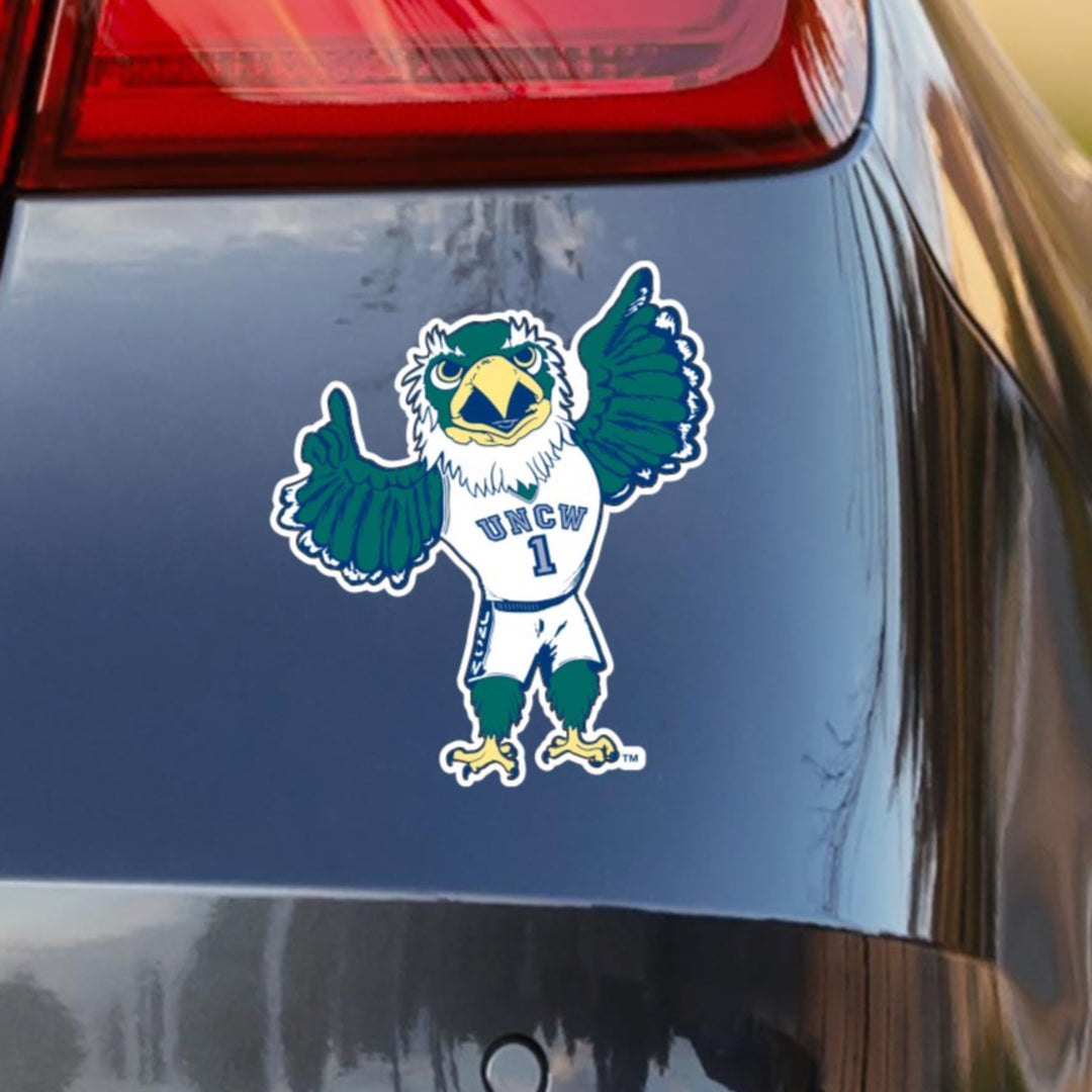 UNC Wilmington Sammy C Hawk Mascot in Uniform on Car Decal for Cars, Laptops, Water Bottles, and Cornhole Boards