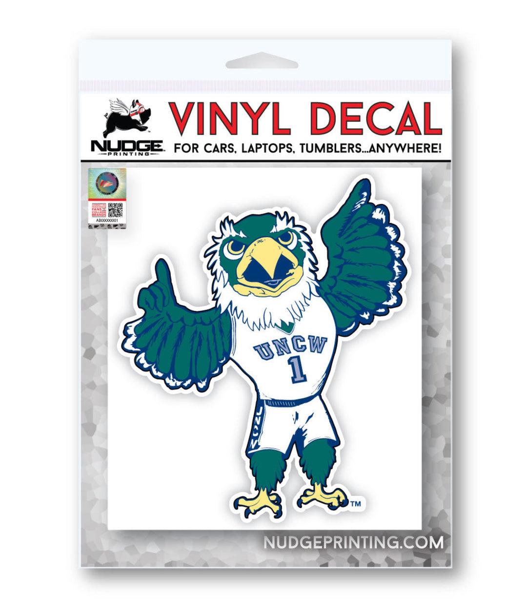 UNC Wilmington Sammy C Hawk Mascot in Uniform Car Decal Package for Cars, Laptops, Water Bottles, and Cornhole Boards