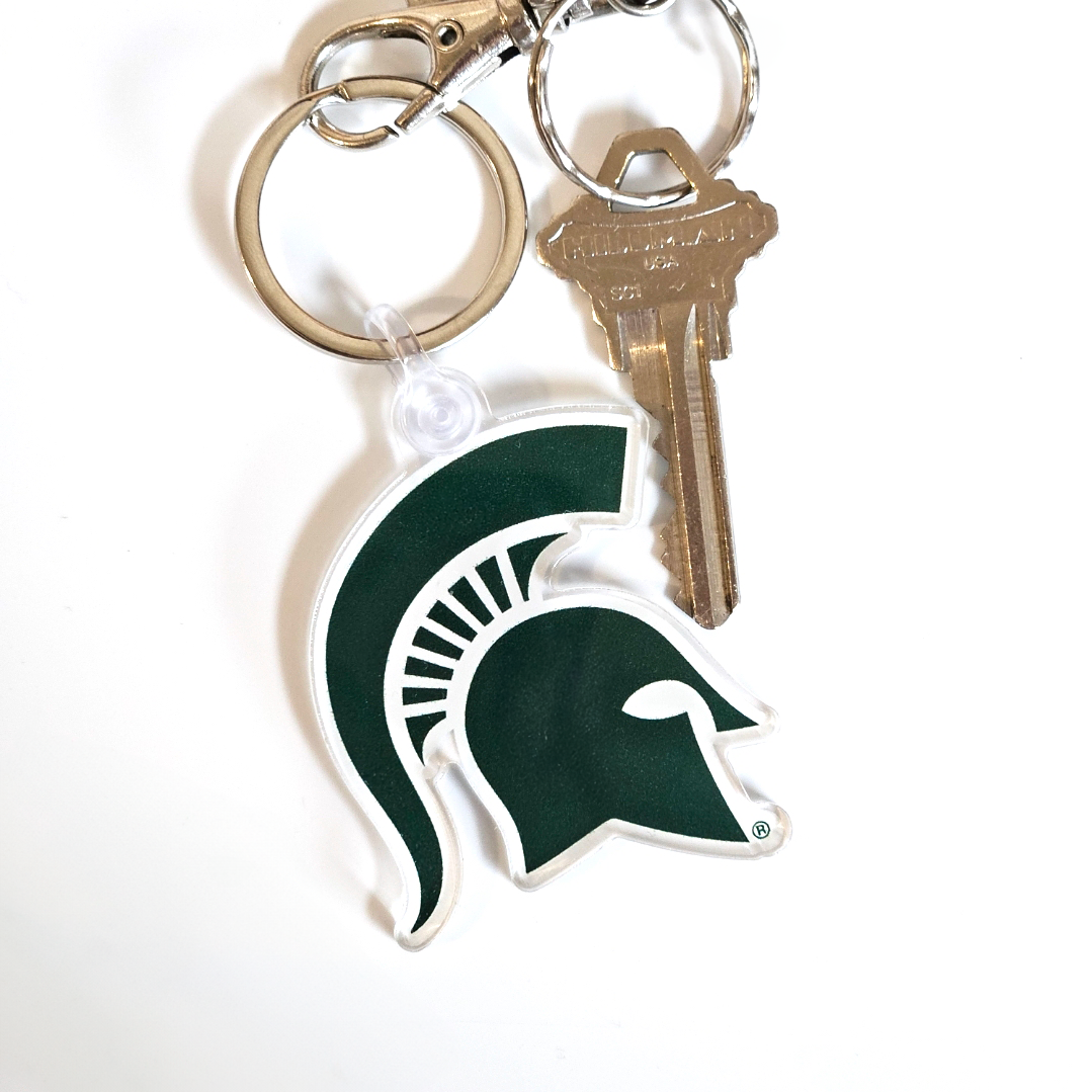 Michigan State Spartan Helmet Head keychain on keys lifestyle photo