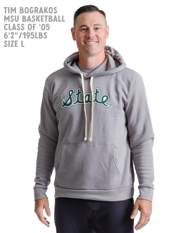Grey Michigan State Hooded Sweatshirt with State Script logo from Nudge Printing