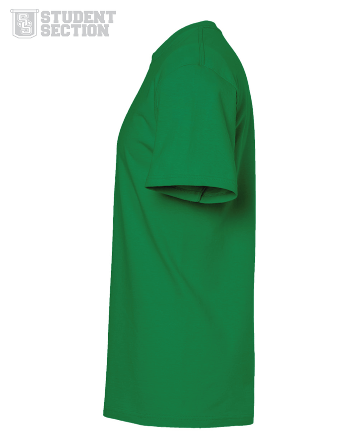 Side view of a kelly green budget friendly 100% cotton t-shirt from Nudge Printing's Student Section collection. 