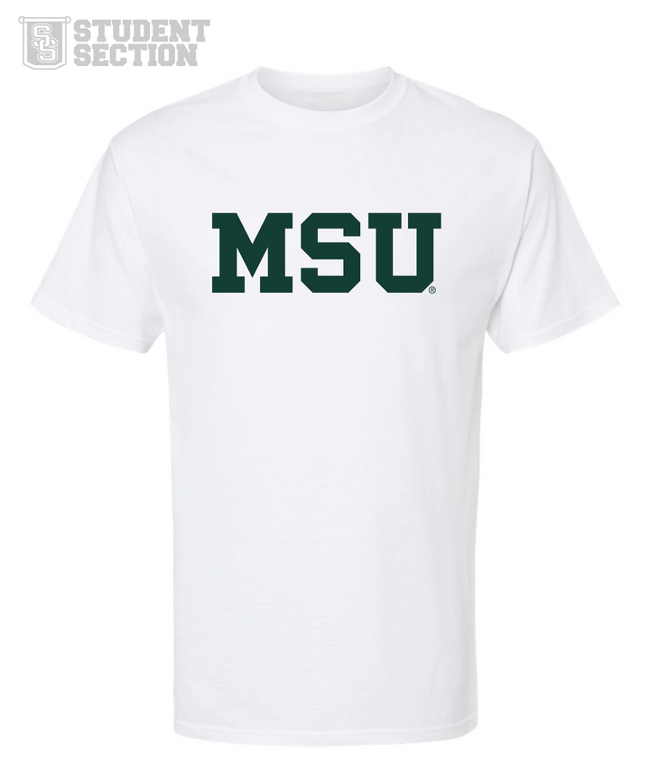 White Michigan State shirt featuring "MSU" printed in Spartan green on the chest. This shirt is part of our budget friendly Student Section collection from Nudge Printing. 