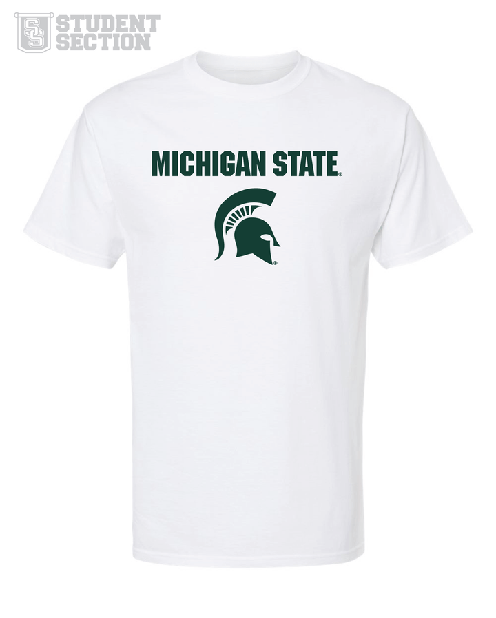 White Michigan State t-shirt featuring a green "Michigan State" and Spartan Helmet. This product is part of our budget friendly program, the Student Section.