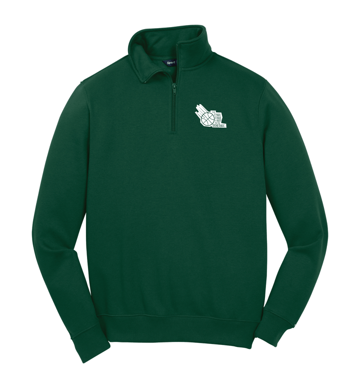 Forest green performance quarter zip with TFFINOTS logo printed in white ink on the left chest.