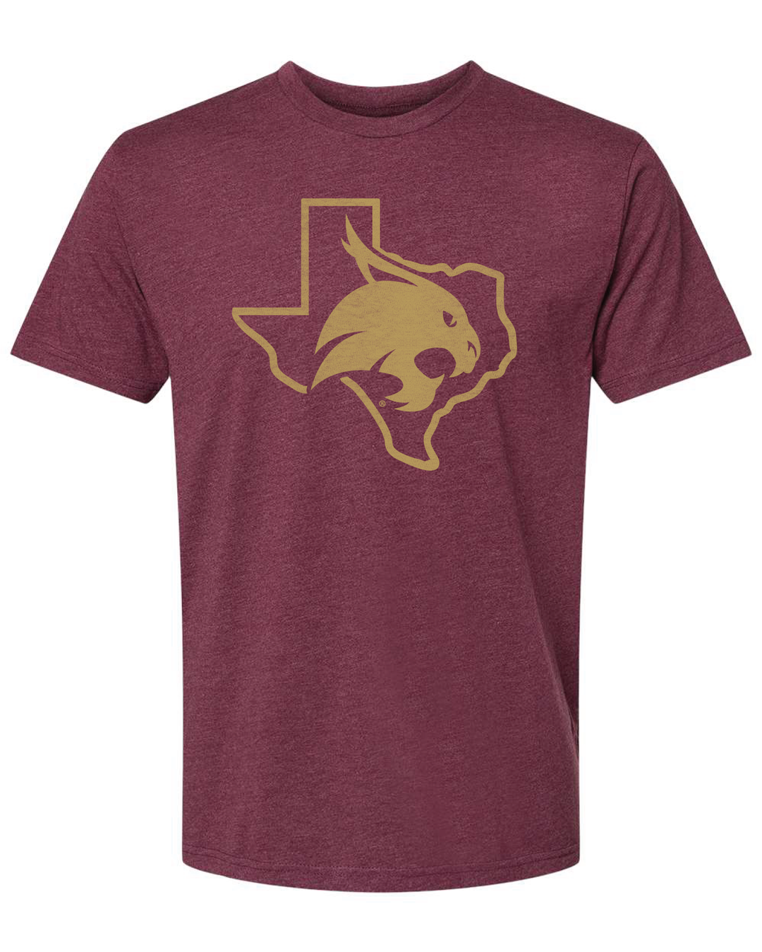 Maroon Texas State T Shirt with Gold Bobcat and Texas outline