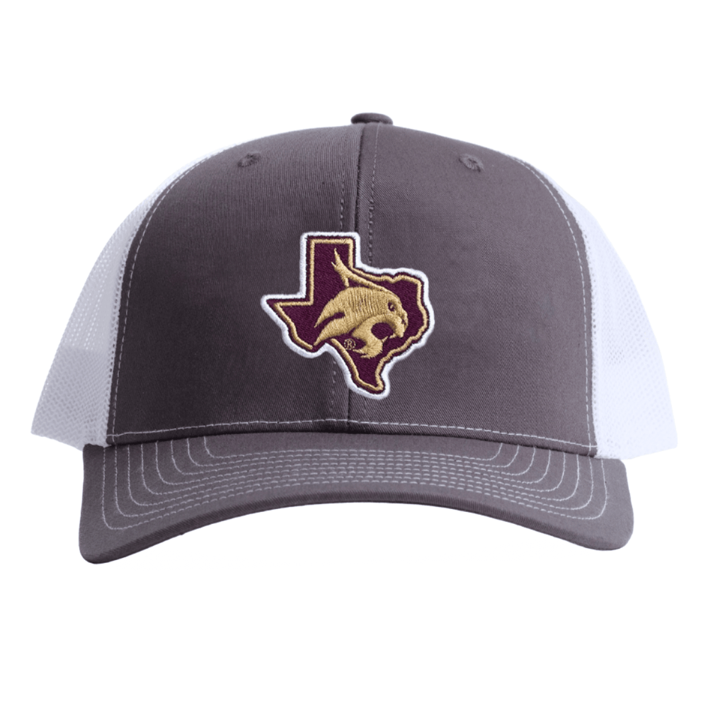 Trendy Apparel Shop Texas State Outline Embroidered Trucker Hat – Cotton Flat Bill, Mesh Back, Adjustable Snapback