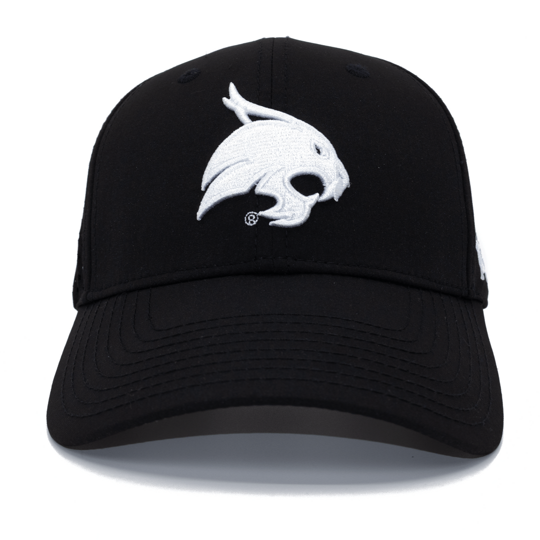 Front view of a black Texas State hat with white Bobcat embroidered on the front.