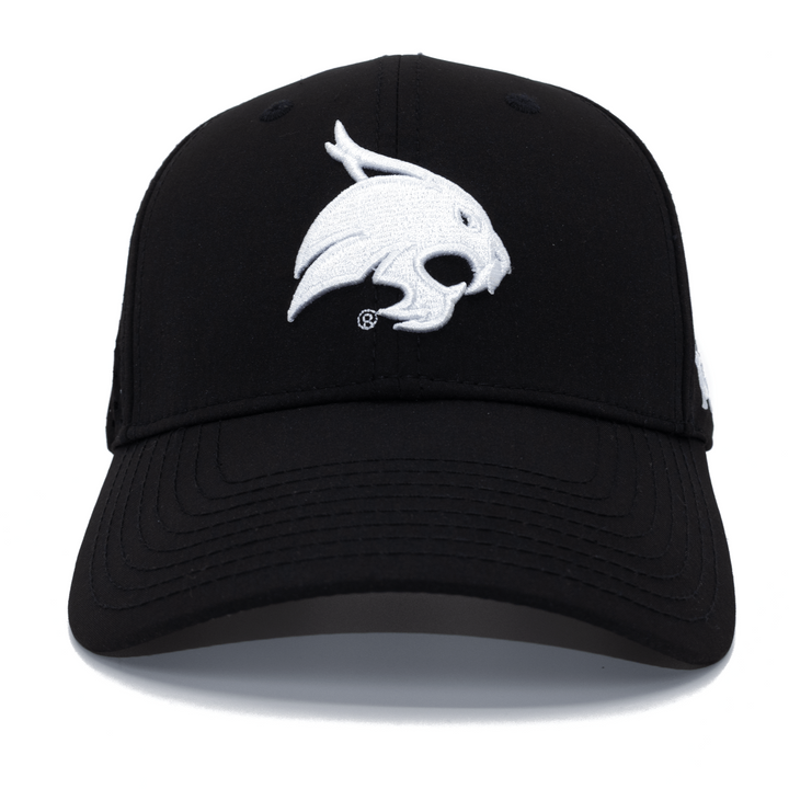 Front view of a black Texas State hat with white Bobcat embroidered on the front.