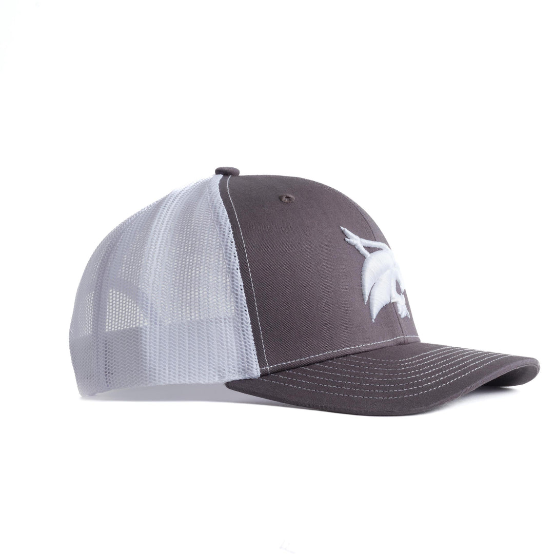 Texas State Hat Embroidered Bobcat on Charcoal and White Trucker